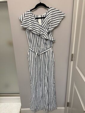 Striped Ruffle Wrap Jumpsuit in White & Navy